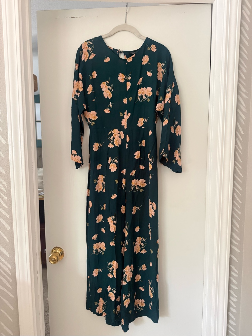 Top shop Floral Long Sleeve Jumpsuit in dark green with Peach Blooms